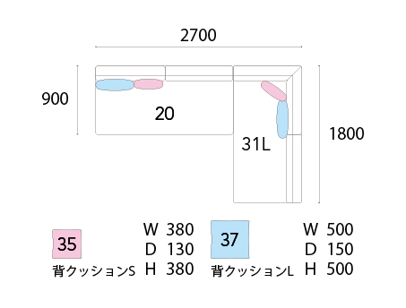 [idert]コーナーソファ（向って左）・2Pアームレスソファセット※クッションS、L×各2set _ピース図