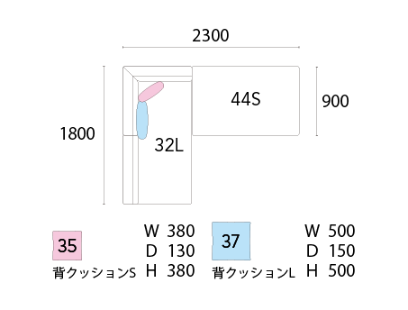 [idert] コーナーソファ（向って右）・デイベッドSセット※クッションS、L×各1set_ピース図